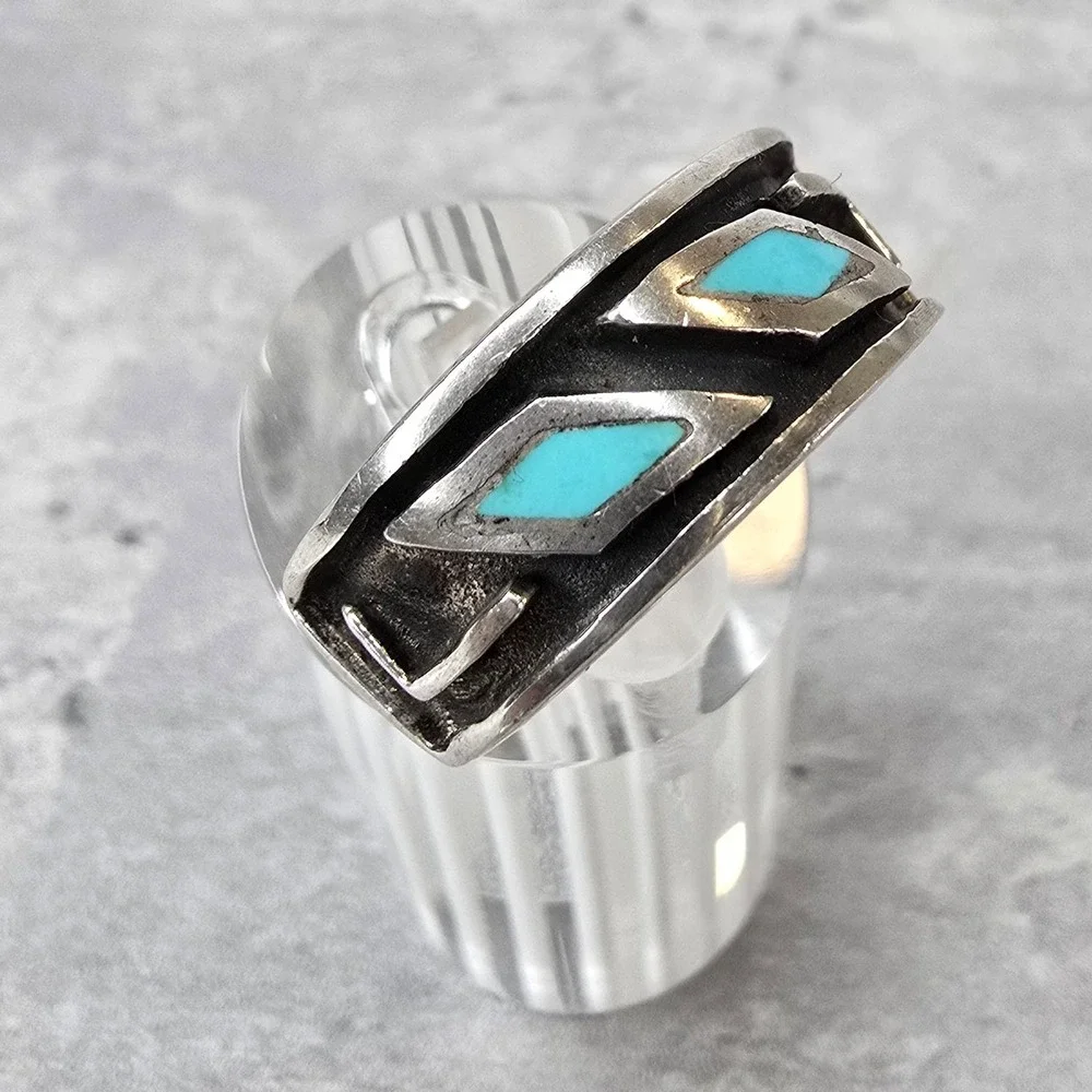 Vintage Southwestern Ring Turquoise Inlay Geometric Band Silver Tone Size 9